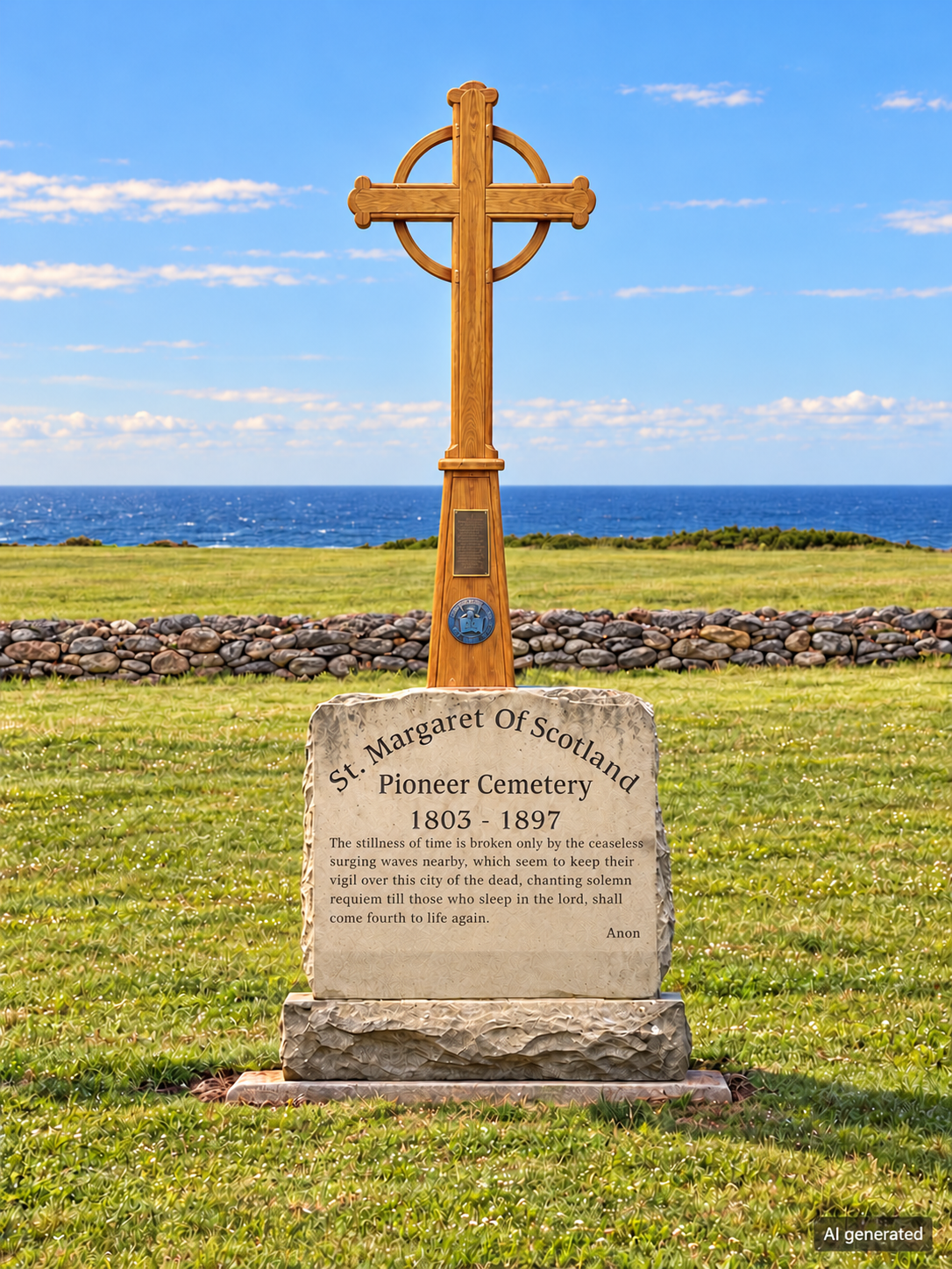 An AI-generated visualization of the St. Margaret of Scotland Pioneer Cemetery memorial, with a golden natural-wood Celtic cross and the sea behind it